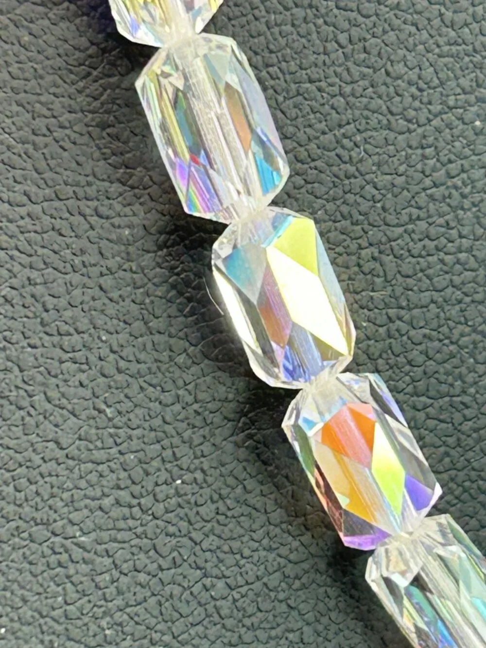 Vintage AB Crystal Rainbow Barrel Bead Necklace Aurora Borealis 16”